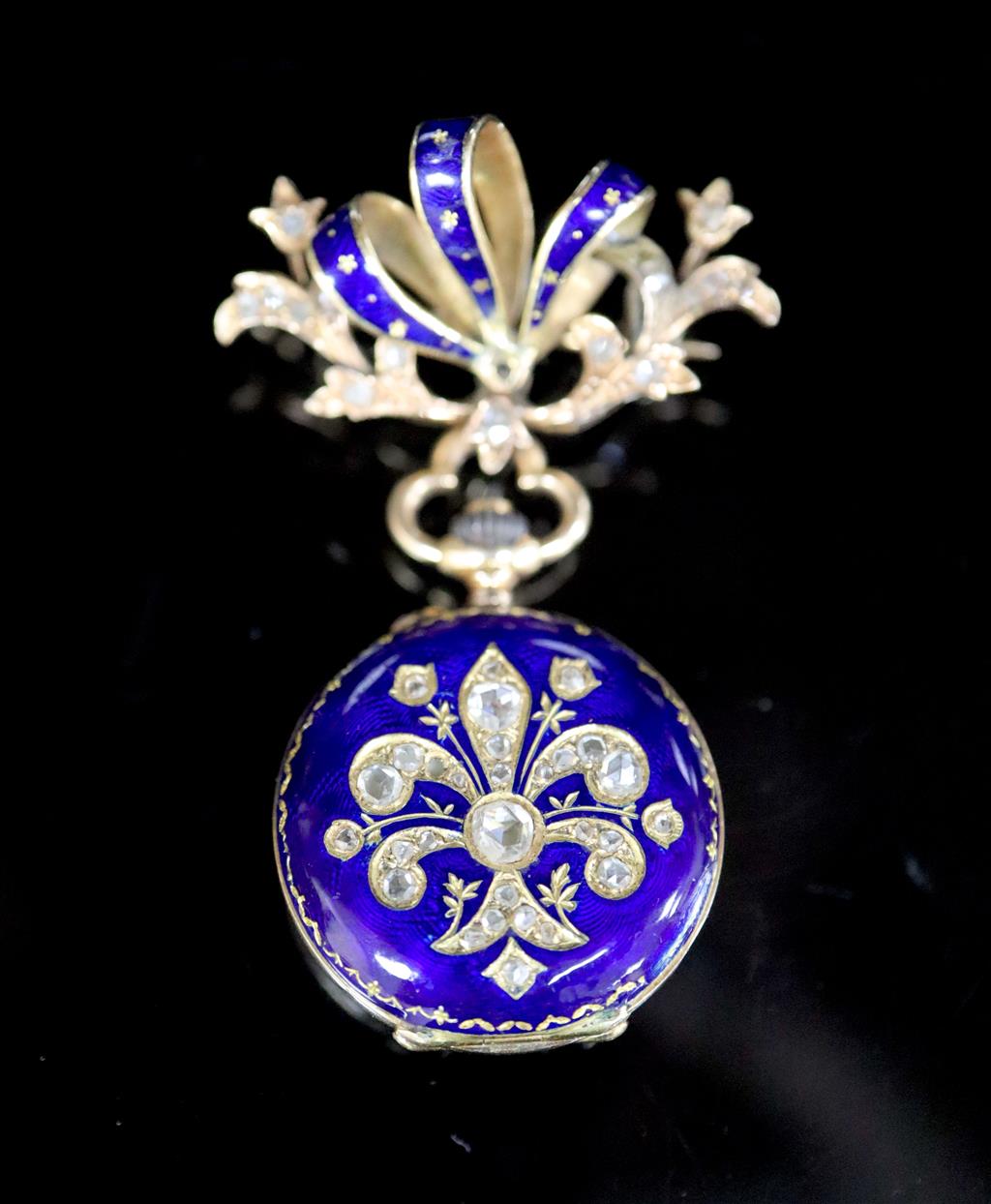 An early to mid 20th century LeCoultre & Co 18k, blue enamel and rose cut diamond set fob watch and similar brooch suspension,